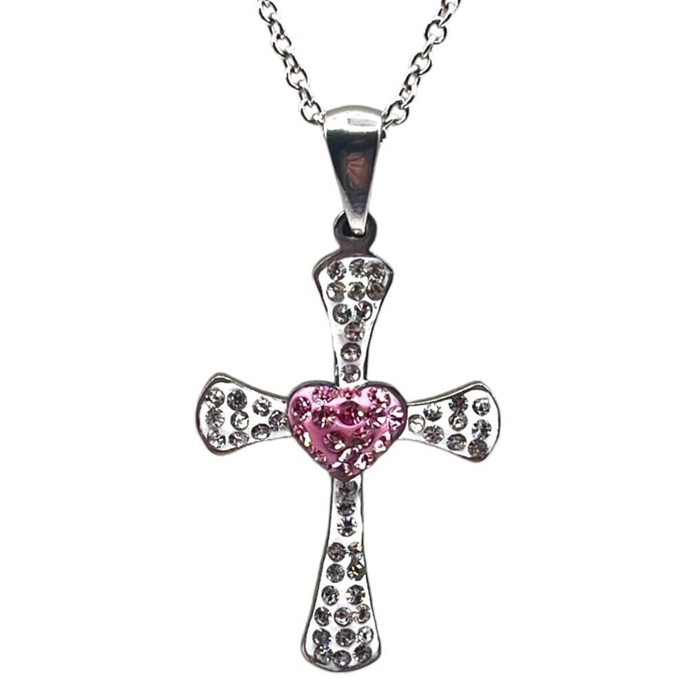 Stainless Steel Rhinestone Cross Pendant Chain Necklace Silver Pink Bling Girlie